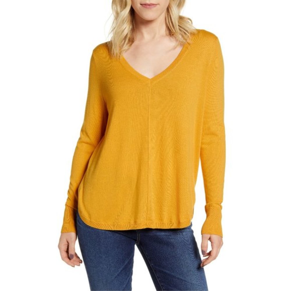 NWT Nordstrom Caslon Yellow Hi Lo V-Neck Sweater